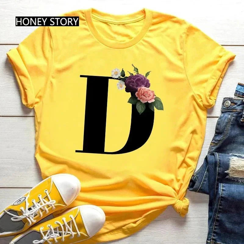 Large Size Flowers 26 English Letters Casual Yellow T-Shirt Short Sleeve | Unisex Y2K Graphic Tee