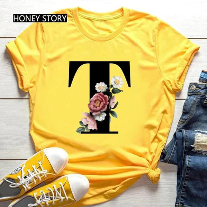Large Size Flowers 26 English Letters Casual Yellow T-Shirt Short Sleeve | Unisex Y2K Graphic Tee