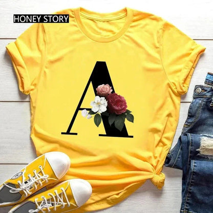 Large Size Flowers 26 English Letters Casual Yellow T-Shirt Short Sleeve | Unisex Y2K Graphic Tee
