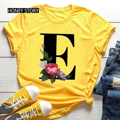 Large Size Flowers 26 English Letters Casual Yellow T-Shirt Short Sleeve | Unisex Y2K Graphic Tee