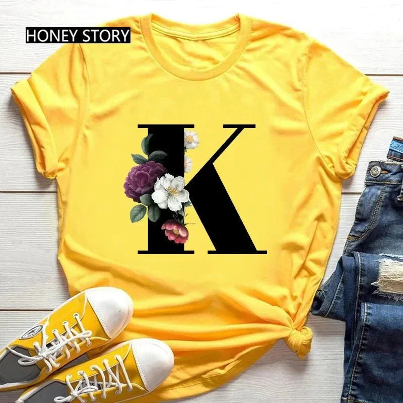 Large Size Flowers 26 English Letters Casual Yellow T-Shirt Short Sleeve | Unisex Y2K Graphic Tee