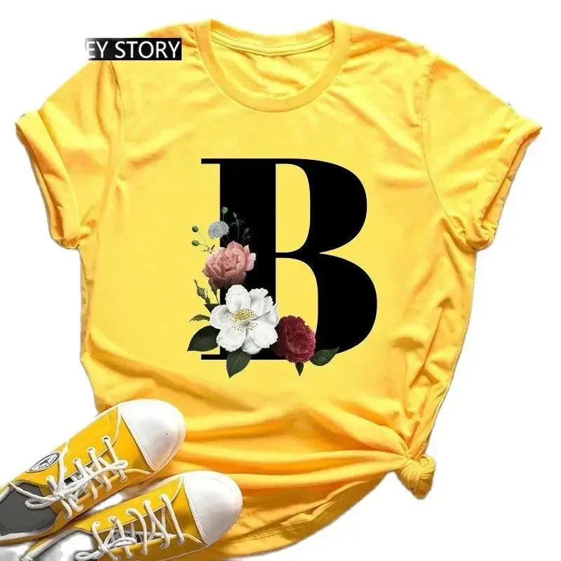 Large Size Flowers 26 English Letters Casual Yellow T-Shirt Short Sleeve | Unisex Y2K Graphic Tee