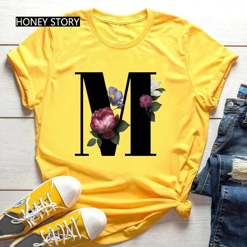 Large Size Flowers 26 English Letters Casual Yellow T-Shirt Short Sleeve | Unisex Y2K Graphic Tee