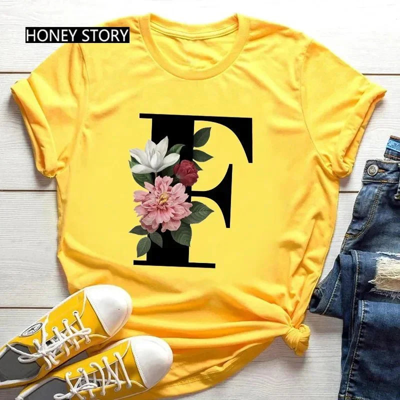 Large Size Flowers 26 English Letters Casual Yellow T-Shirt Short Sleeve | Unisex Y2K Graphic Tee