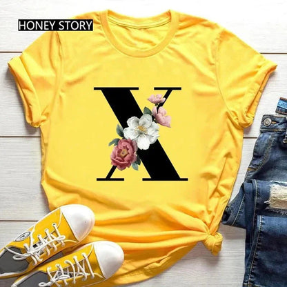Large Size Flowers 26 English Letters Casual Yellow T-Shirt Short Sleeve | Unisex Y2K Graphic Tee