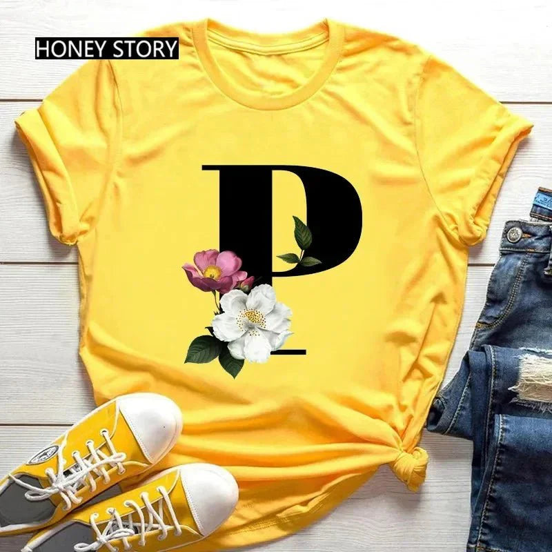 Large Size Flowers 26 English Letters Casual Yellow T-Shirt Short Sleeve | Unisex Y2K Graphic Tee