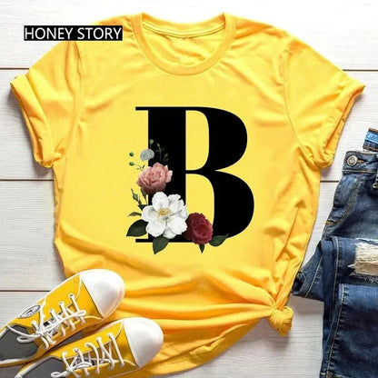 Large Size Flowers 26 English Letters Casual Yellow T-Shirt Short Sleeve | Unisex Y2K Graphic Tee