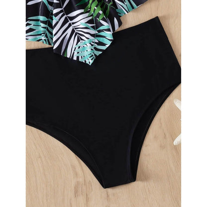 Leaf Print Hanky Hem High Waisted Bikini Swimsuit