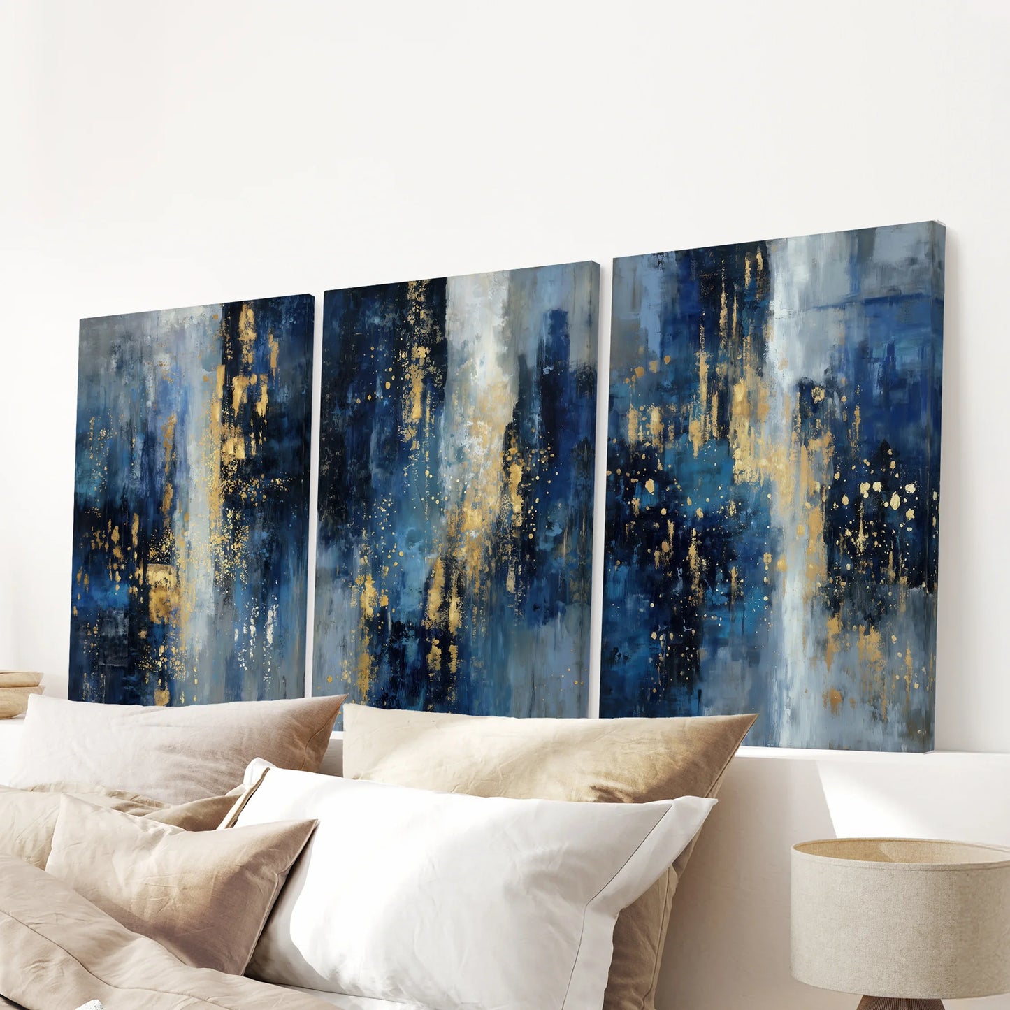 Navy Blue and Gold Triptych. Sparkle Oil Painting Prints