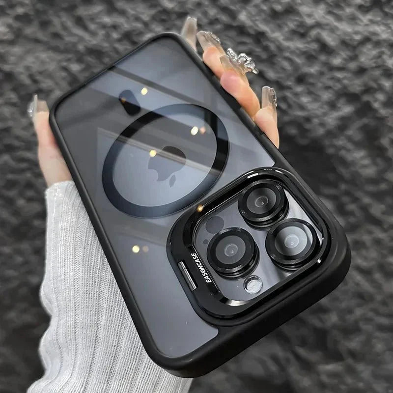 Magnetic Shockproof Transparent Phone Case with Stand | Glass Lens Protection for iPhone 11-16 Series