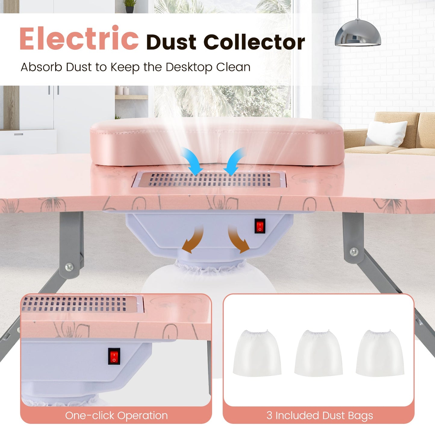 Manicure Nail Table with Bendable USB-plug LED Table Lamp-Pink