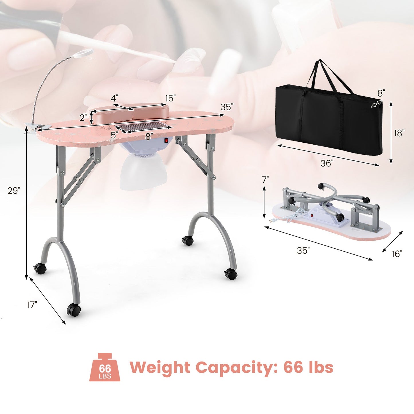Manicure Nail Table with Bendable USB-plug LED Table Lamp-Pink