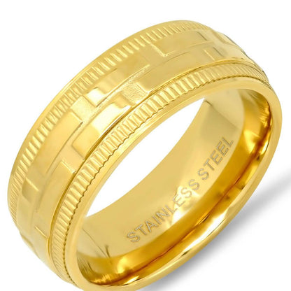 Men's 18K Gold Plated Stainless Steel Brick Pattern Ring