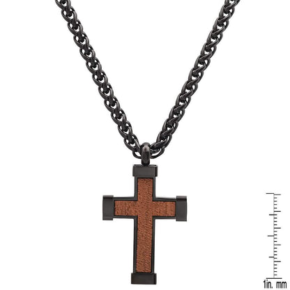 Men's Black IP Stainless Steel and Wood Cross Pendant