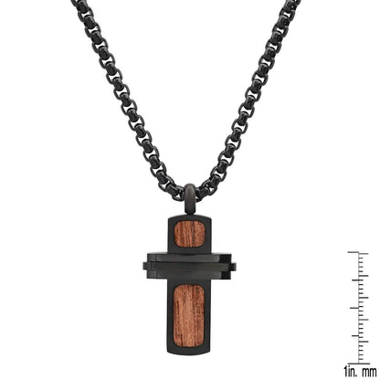 Men's Black IP Stainless Steel and Wood Small Cross Pendant