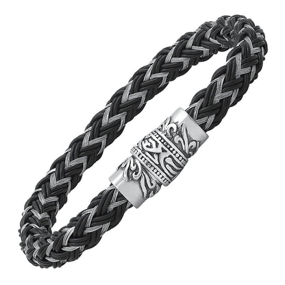 Men's Stainless Steel and Black Leather Braided Bracelet
