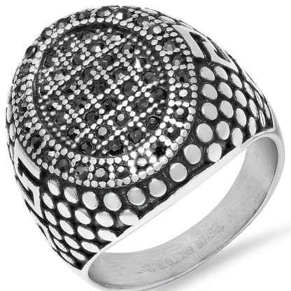 Men's Stainless Steel, Black IPand Gray CZ Pebble & Greek Key Accented Ring