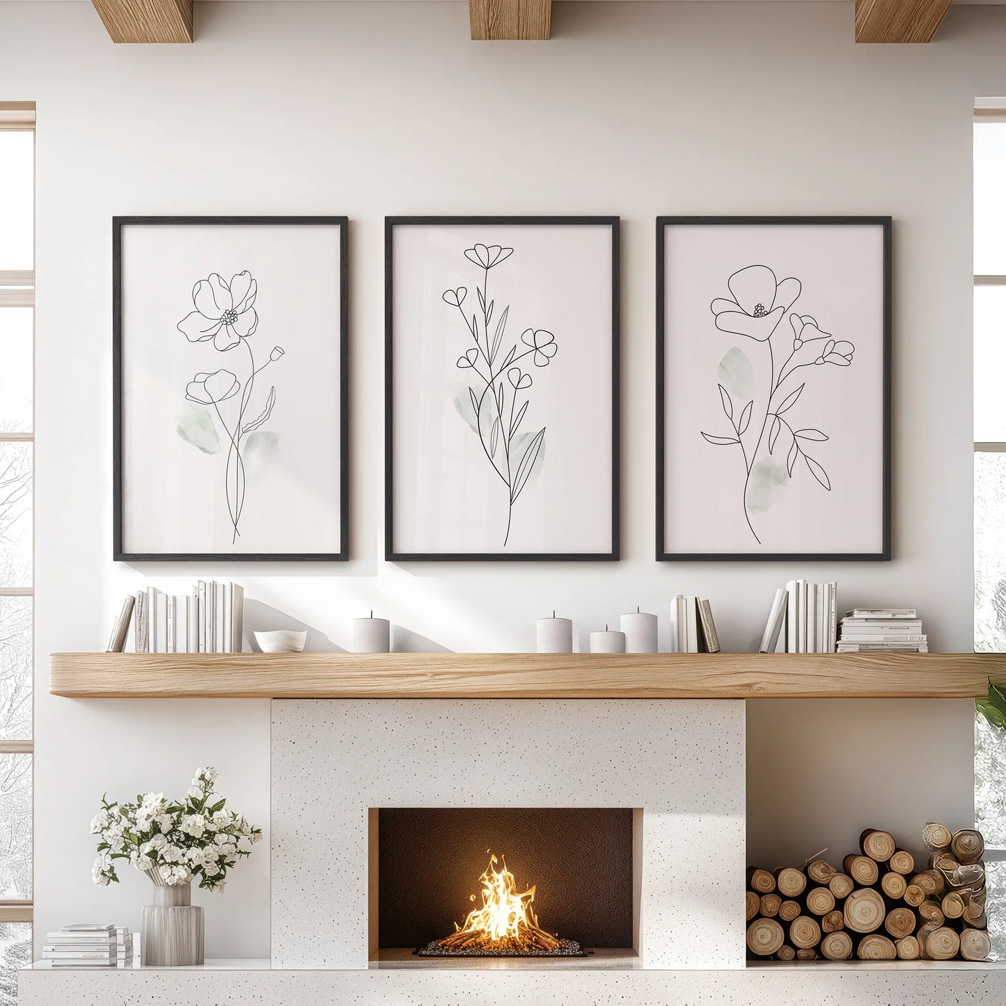 Modern Botanical Line Art Decor. 3 Piece Floral Print Set