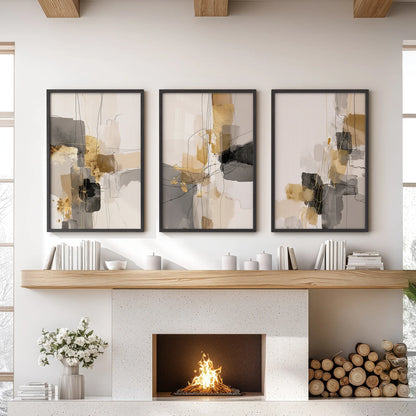 Neutral Abstract Wall Art Set of 3. Beige, Gray, Gold Prints