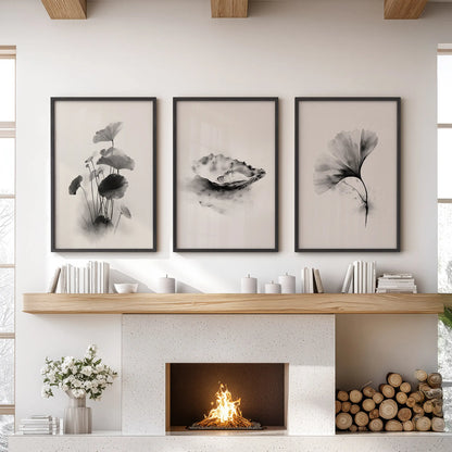Minimalist Japanese Set of 3 Prints. Black and White Flowers Decor