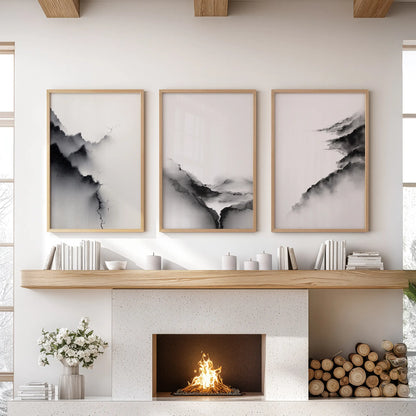 Black White Mountain Landscape Art Set of 3. Calming Nature