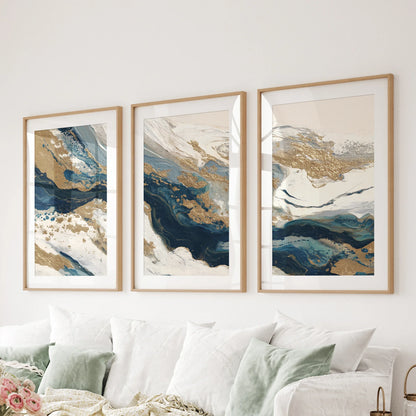 Gold & Blue Brush Strokes. Luxury 3 Piece Abstract Wall Art