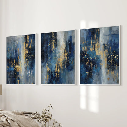 Navy Blue and Gold Triptych. Sparkle Oil Painting Prints
