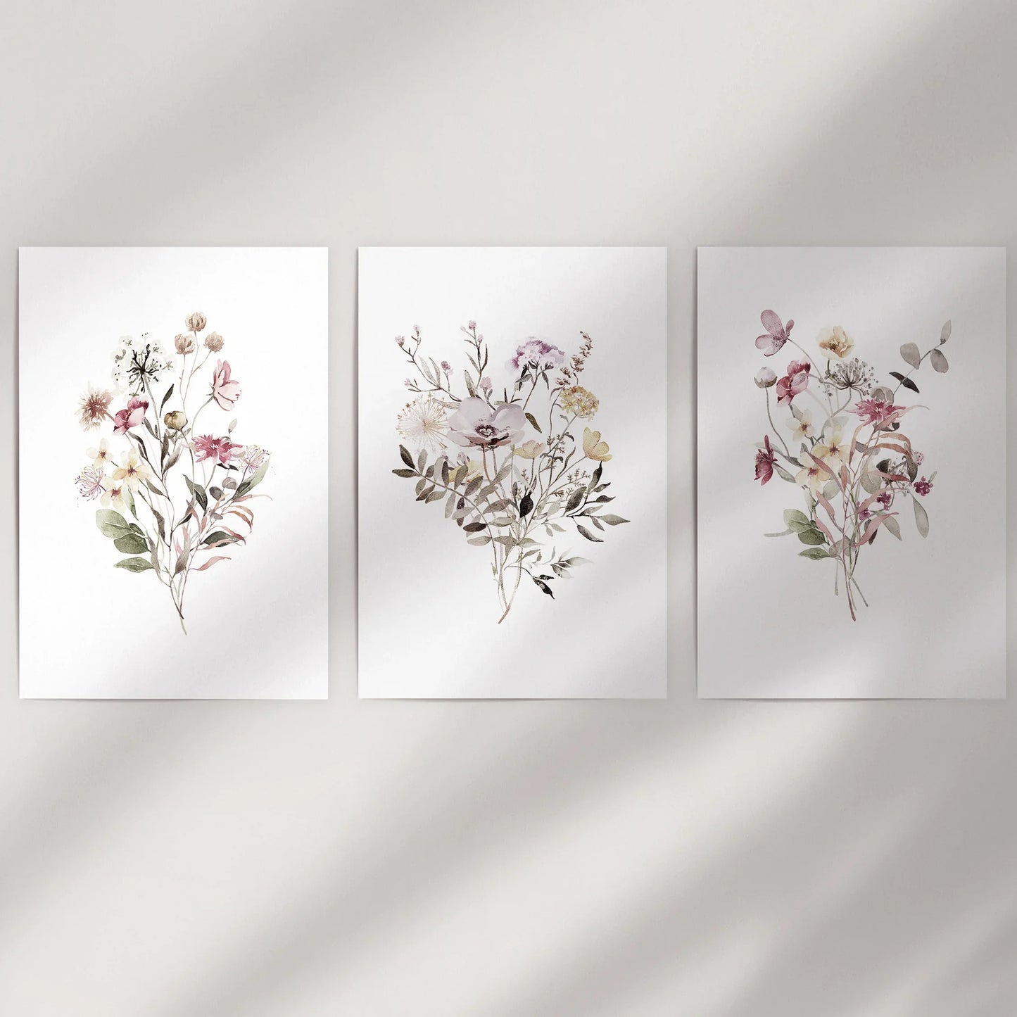 Floral Art Set of 3. Watercolor Wildflower Bouquet Prints