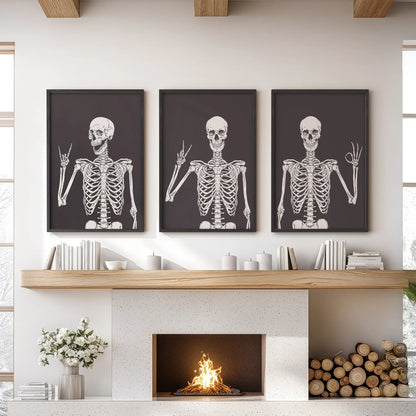 Halloween Skeleton Wall Art Set. 3 Piece Black Gothic Prints