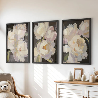 Moody Pink and White Peonies Art. Floral Set of 3 Prints
