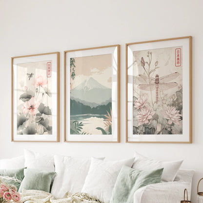 Japandi Style Set of 3 Wall Art. Floral and Mountain Prints