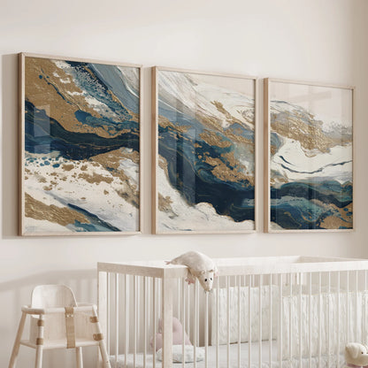 Gold & Blue Brush Strokes. Luxury 3 Piece Abstract Wall Art