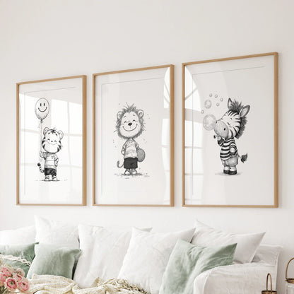 Black White Gender-Neutral Nursery Art Set. Lion Tiger Zebra