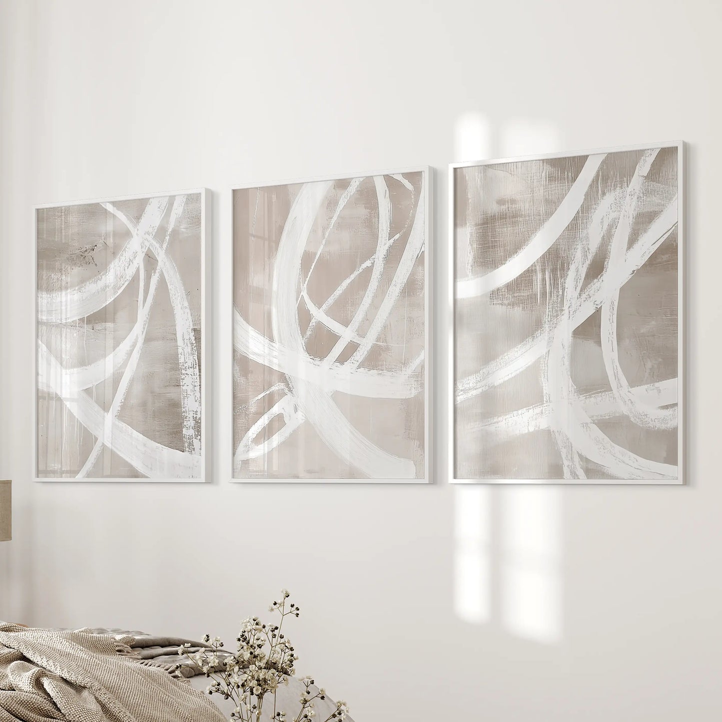 Modern Minimalist Abstract Triptych. Neutral Brush Stroke Art
