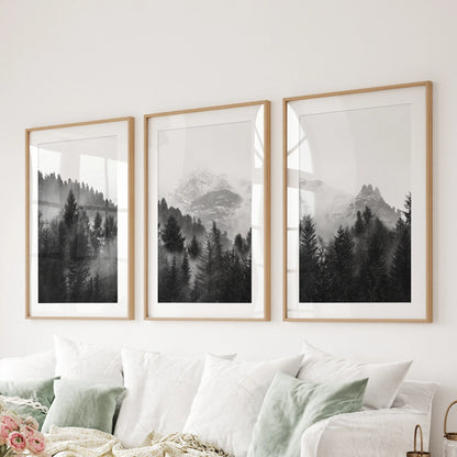 Black White Forest Triptych. Misty Mountains Nature Posters