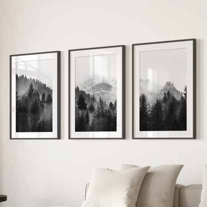 Black White Forest Triptych. Misty Mountains Nature Posters