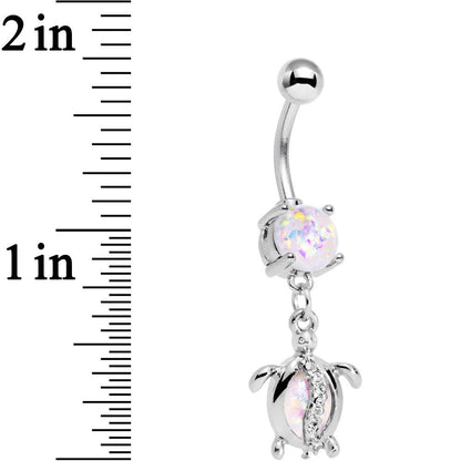 White Faux Opal Clear Gem Beach Turtle Dangle Belly Ring