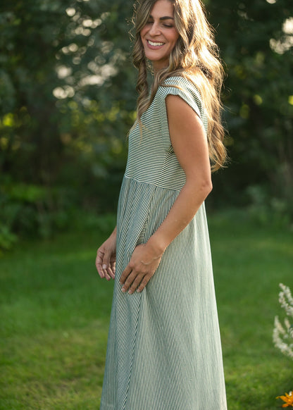 Olivia Green A-line Striped  Midi Dress