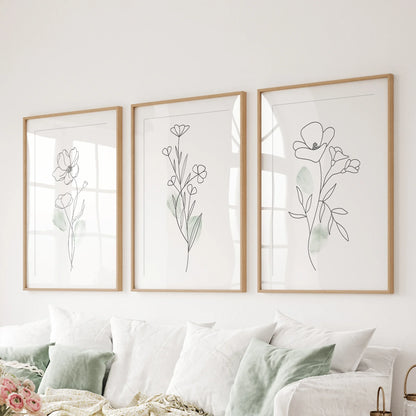Modern Botanical Line Art Decor. 3 Piece Floral Print Set