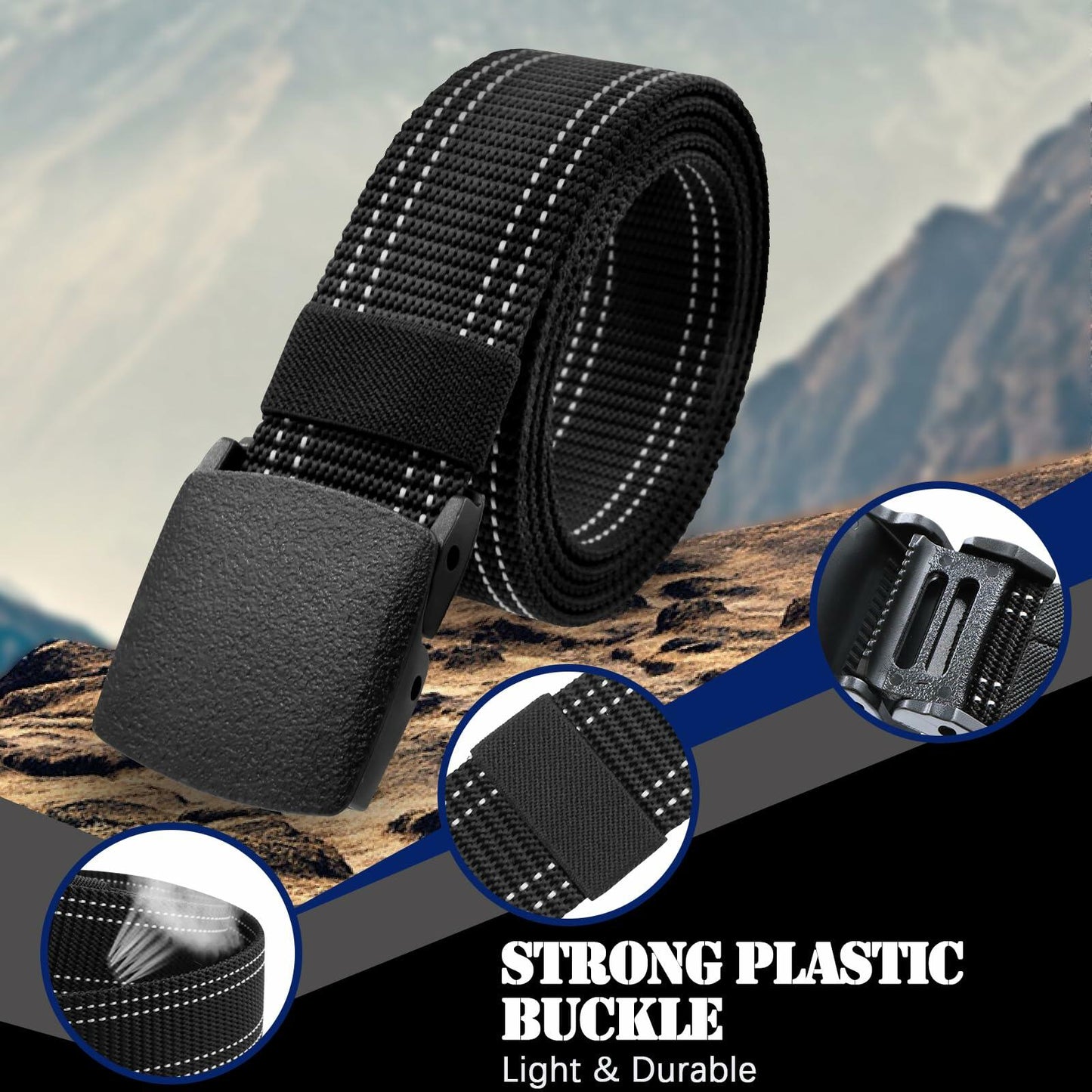 Sworew Men’s Tactical Nylon Belt Adjustable Web Non-Metal Buckle Black 54in
