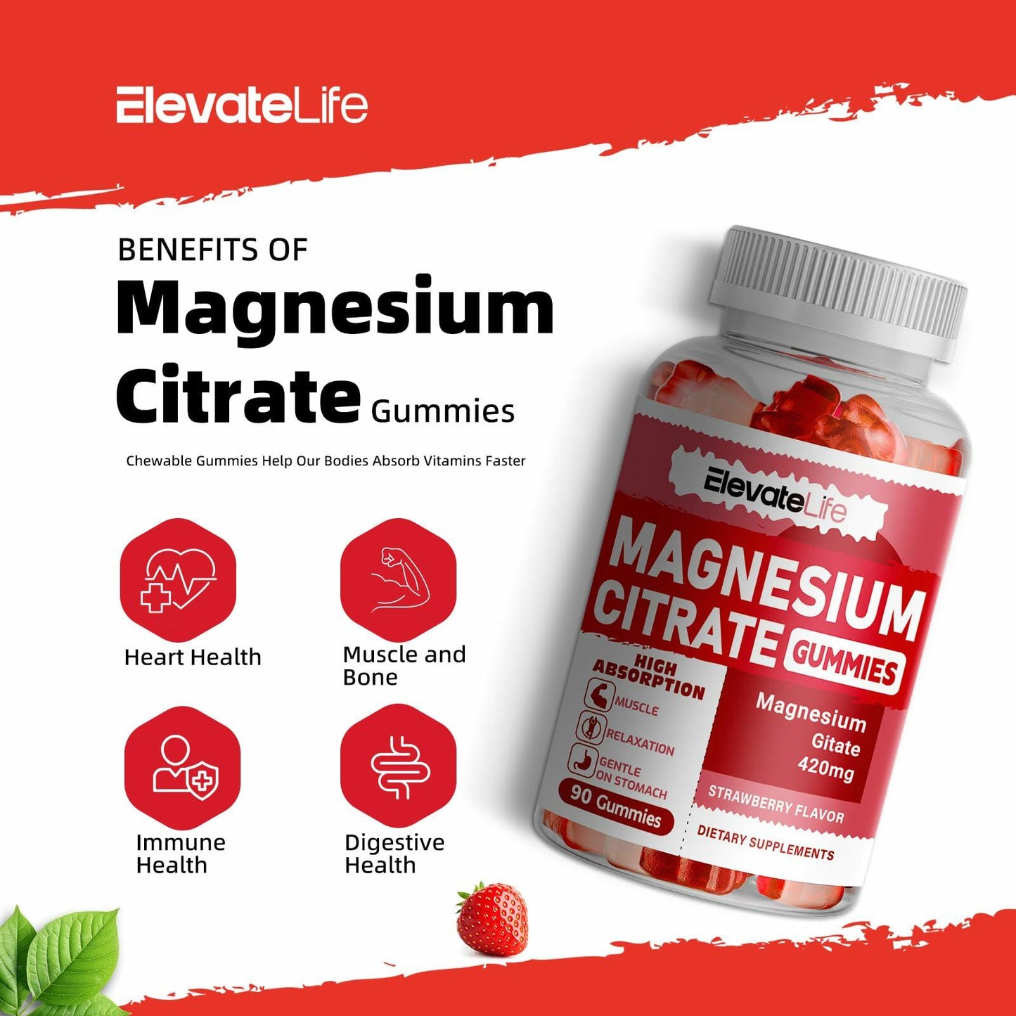BestBy09/26 ElevateLife Magnesium Citrate Gummies 420mg 90 Vegan Strawberry