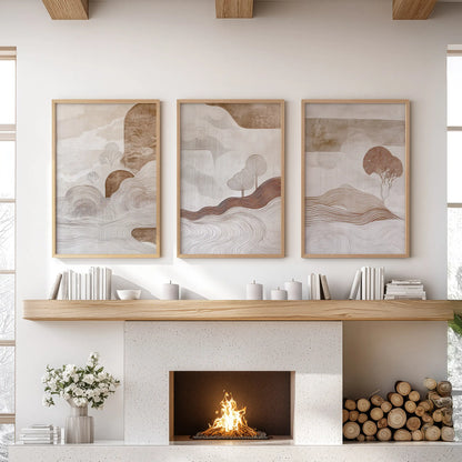 Wabi Sabi Line Art Set of 3 Prints. Earth Tones Landscape