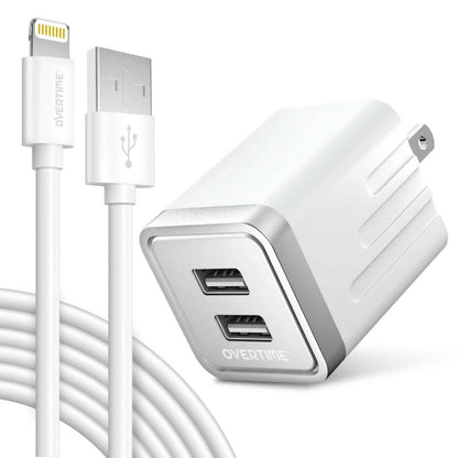 Overtime Apple MFi Certified Lightning Cable 10ft with Dual USB Wall Charger Adapter