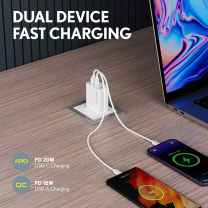 Overtime Dual Port USB A and USB C 38W Fast Charging Power Adapter