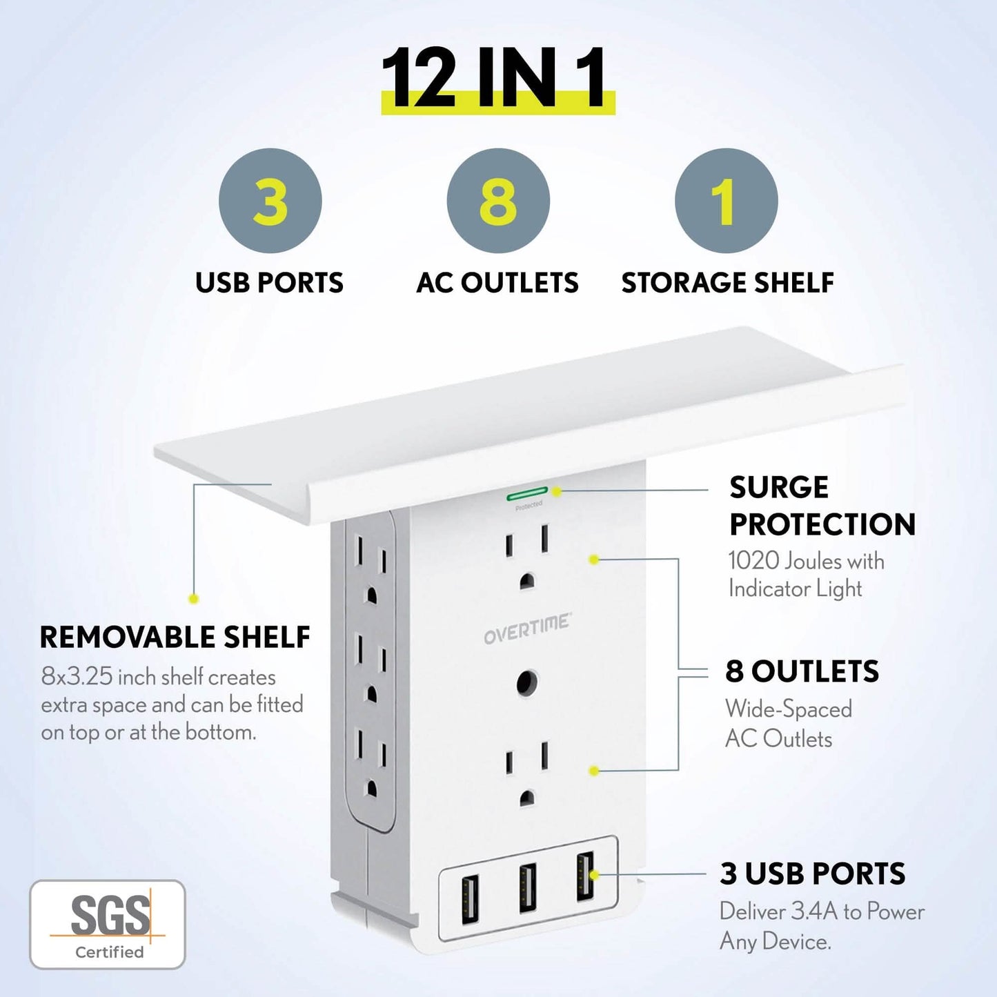 Overtime Outlet Extender with 8 AC and 3 USB Outlets Detachable Shelf Multi-Plug Outlet Extender with Surge Protector