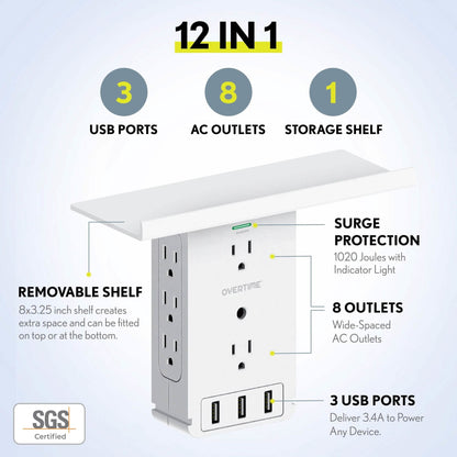 Overtime Outlet Extender with 8 AC and 3 USB Outlets Detachable Shelf Multi-Plug Outlet Extender with Surge Protector