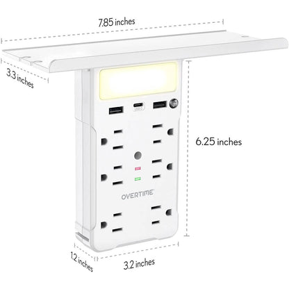 Overtime USB Outlet Shelf Night Light - Multi Plug Outlet Extender with Surge Protector