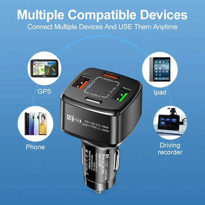 PBG 4 Port PD/USB Car Charger and 10Ft. Zebra Style Lightning Cable Bundle