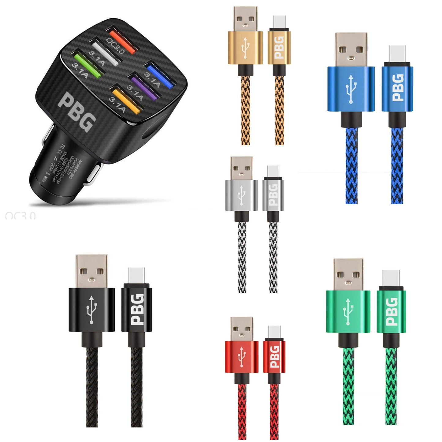 PBG LED 6 Port Car Charger and 10Ft. XL Zebra Lightning Cable Combo
