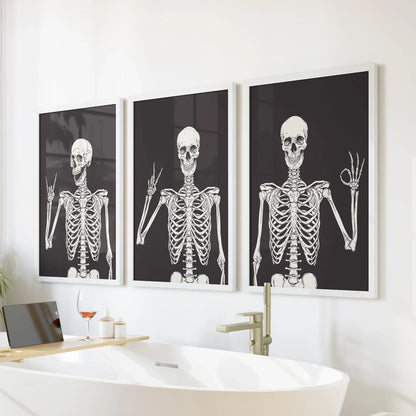 Halloween Skeleton Wall Art Set. 3 Piece Black Gothic Prints